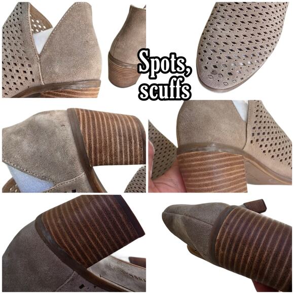 Tan Suede Booties Lucky Brand Podgia Size 8.5 Peforated Ankle Boot V-Notch Side - Picture 8 of 13